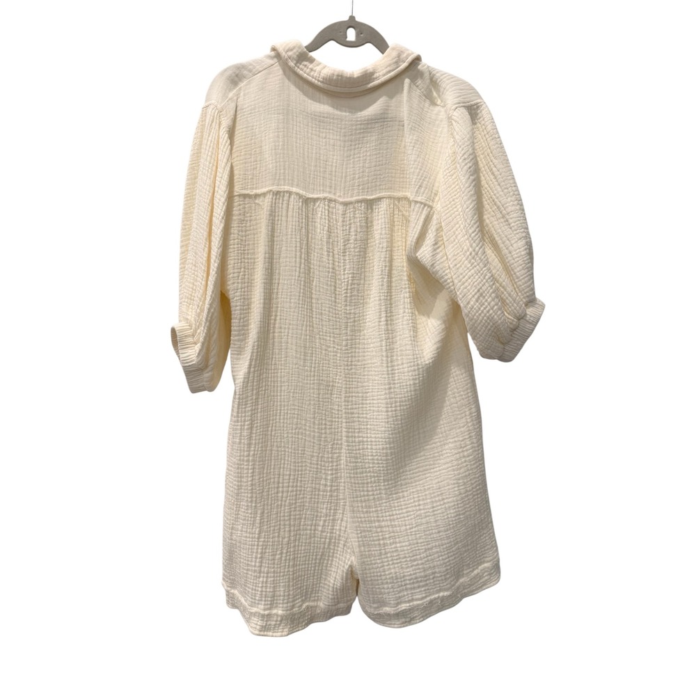 Cream Cotton Gauze Button Front Puff Sleeve Lightweight Romper Pockets Medium - Picture 4 of 11
